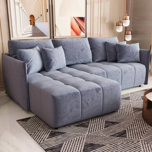 Schlafsofa Oroso blau links weicher Samtstoff mit hydrophober Beschichtung Bettzeugbehälter