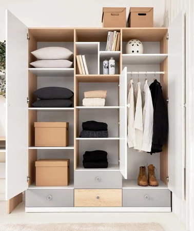 Kleiderschrank Pixel 150 cm Biskuit Eiche / weiß / grau ideal für das Jugendzimmer Kleiderschrank mit Schubladen und Einlegeböden