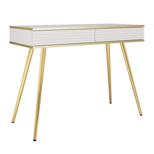 Konsole mit Schubladen Luxury weiße eleganter Schminktisch mit kannelierten Fronten hohen goldenen Beinen Körper mit goldenen trim gekrönt