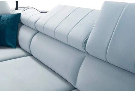 Ecksofa mit Schlaffunktion Rava III hellbeige Linkshändersamt komfortables Ecksofa mit verstellbaren Kopfstützen und Bettzeugbehälter