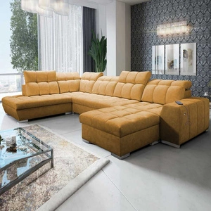 Ecksofa mit Schlaffunktion Luigi VI Honig rechts Stilvolles Ecksofa mit Bettzeugcontainern, bezogen mit weichem Stoff