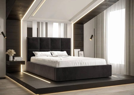 Polsterbett Aresa 180x200 mit Aufbewahrung Graphit Modernes skandinavisches Stilbett mit bequemem Kopfteil