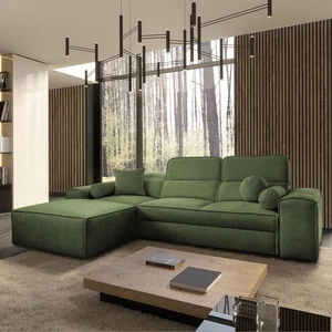 Ecksofa mit Schlaffunktion Viano grün links stilvolles Ecksofa mit interessanter Form verstellbare Kopfstützen Zierkissen