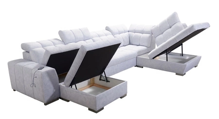 Ecksofa mit Schlaffunktion Luigi VI hellbeige linke Seite stilvolles Ecksofa mit Bettzeugcontainer mit weichem Stoff bezogen