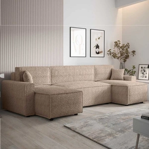 Ecksofa mit Schlaffunktion Brandon U Bis beige Bettzeug Container Armlehnen Stoff mit markanter Schleife Oberfläche