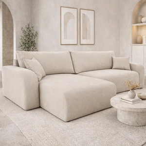 Ecksofa mit Schlaffunktion Fiesta XL hellbeige universal in Konfiguration Ecksofa mit Bettzeugablage weicher Plüschstoff