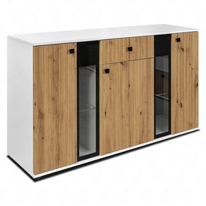 Schubladenkommode Senja 140 cm weiß / Eiche handwerklich elegantes Design dekorative kannelierte Front mit Metallgriff