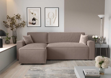 Ecksofa mit Schlaffunktion Brandon Bis hellbraun linke Ecke dreidimensionaler Stoff mit ausdrucksstarken Streifen Bettzeug Container