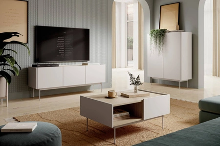 RTV Schrank Vellore 144 cm beige minimalistisches Design grifflose Fronten Metallbeine in der Farbe der Schrankfronten abgesenkte Platte