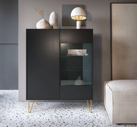 Vitrine Madisonum 97 cm Schwarzer Graphit / Schwarzer Königs-Marmor Modernistisches Design Elemente aus gehärtetem Sicherheitsglas