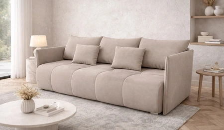 Sofa mit Schlaffunktion Selva hellbeige Funktionssofa für Wohnzimmer mit Bettzeugbehälter aus Stoff mit Plüschoberfläche