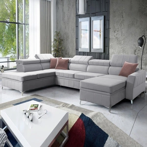 Ecksofa mit Schlaffunktion Rava VI graue Esche rechte Ecke Praktisches und modernes Ecksofa, ausgestattet mit einer Multifunktionslampe