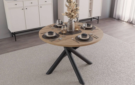 Runder Tisch Lyon 110 cm Eiche artisan / schwarzer Designer-Esstisch auf Metallspinnenbeinen höhenverstellbar