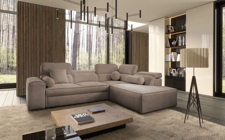 Ecksofa mit Schlaffunktion Viano VII hellbraun rechte Ecke trendy und stilvoll mit verstellbaren Kopfstützen Zierkissen