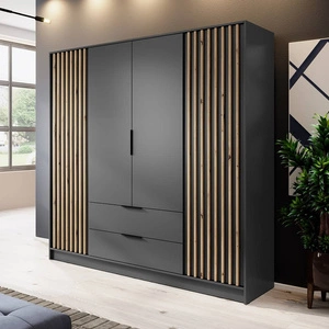 Schrank Aspen 206 cm Grafit / Eiche Artisan Lamellen modernes Design Schranktüren mit dekorativen Lamellen