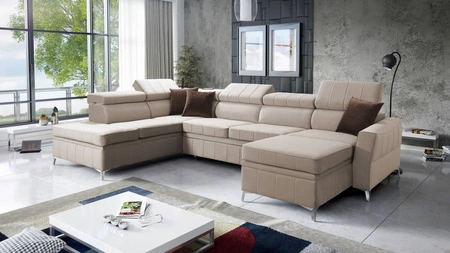Ecksofa mit Schlaffunktion Rava VI hellbeige rechtshändig Praktisches und modernes Ecksofa, ausgestattet mit einer Multifunktionslampe