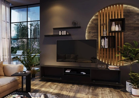 Metoni schwarz / schwarz glänzend universelle und stilvolle Schrankwand für das Wohnzimmer minimalistisches Design in einer modernen Umgebung