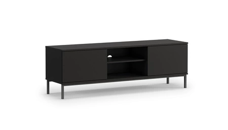 Tutti-Möbelset schwarz einfache Form eines Hängeschranks, der auf einem schwarzen Metallsockel ruht griffloses Push-to-Open-System