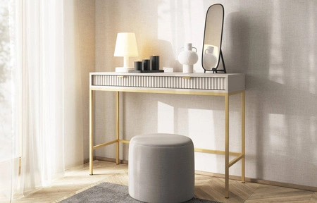 Konsolentisch Lovro beige mit Schubladen ein stilvolles und funktionelles Möbelstück für den Flur, das Wohnzimmer oder das Büro, goldfarbener Rahmen