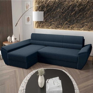 Ecksofa mit Schlaffunktion Fogu III blau linke Seite stilvolles Ecksofa mit Armlehnen Container für Bettzeug Kordstoff