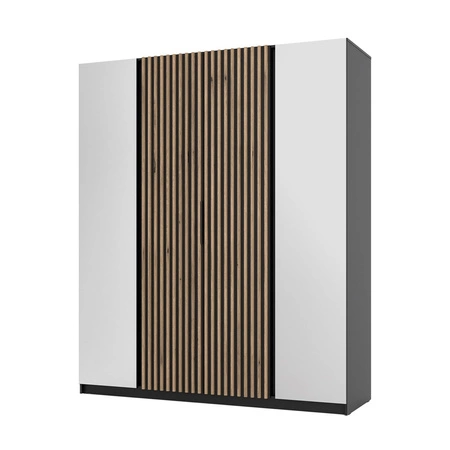 Verspiegelter Kleiderschrank Kastano XIV 200 cm schwarz elegantes Design Schranktür mit Lamellen in Eiche verziert evorke Kleiderschrank für Flur