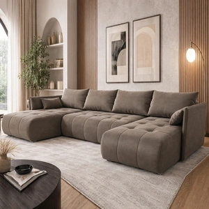 Ecksofa mit Schlaffunktion Selva U dunkelbeige Ein interessant präsentiertes Ecksofa aus Stoff mit einer plüschigen Oberfläche