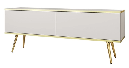 TV Schrank Luxury 135 cm weißer eleganter Design-Korpus mit goldener Zierleiste Schrank auf goldenen Metallbeinen