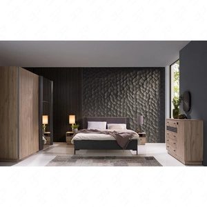 Möbelset für Schlafzimmer Estan Eiche hell / anthrazit Zeitloses Design Schlafzimmermöbel-Set geräumiger Schiebeschrank mit Spiegel