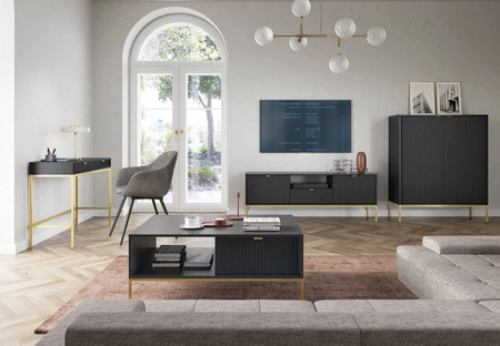 Konsolentisch Lovro schwarze mit Schubladen stilvolles und funktionelles Möbelstück für Flur, Wohnzimmer oder Büro, goldfarbener Rahmen