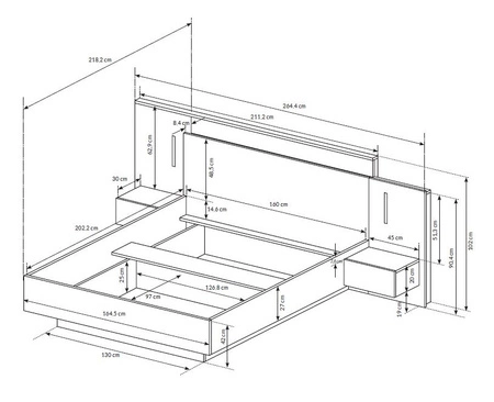 Space Bett 160x200 cm mit Bettzeug Container und Nachttische weiß / Eiche Handwerk goldenen Kopfteil mit LED-Beleuchtung bereichert