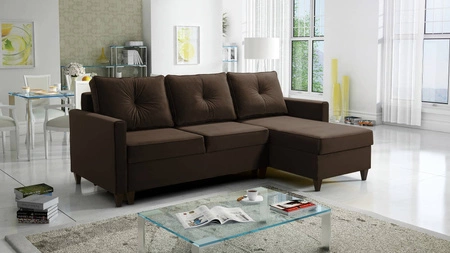 Ecksofa mit Schlaffunktion Terni braun rechte Ecke praktisch und funktionell, ausgestattet mit geräumigen Behältern für Bettzeug