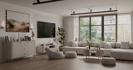 Kommode mit Schubladen Ovalio 165 cm beige moderne Form ovalförmige Kommode für das Wohnzimmer dekorative Fräsungen am Korpus