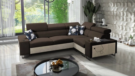 Ecksofa mit Schlaffunktion Flavio II braun/beige rechts bequemes Ecksofabett offene Bar an der Seite des Möbels