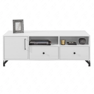 TV Schrank Skien 140 cm weiß glänzend elegantes Design einfache Form der Möbel mit stilvollen Metallelementen bereichert schwarze Beine