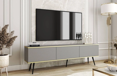 TV-Schrank Luxury 175 cm grau elegantes Design stilvolle geriffelte Front Korpus mit goldenen Zierleisten schwarze Metallbeine gekrönt
