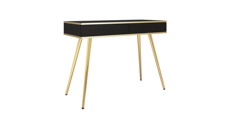 Luxuriöse schwarze Konsole mit Schubladen stilvolle und elegante Schminktisch auf goldenen Metallbeinen unterstützt Körper mit goldenen trim gekrönt