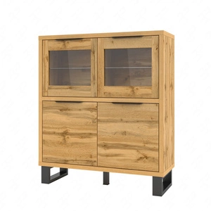Kommode Halle 120 cm Eiche wotan funktional ideal für Loft-Stil Interieurs hohe Kommode mit Glas auf einem Metallsockel