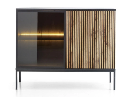 Amma 104 cm Kommode schwarz / Eiche wotan unkonventionelles Design geriffelte und verglaste Fronten mit push to open System