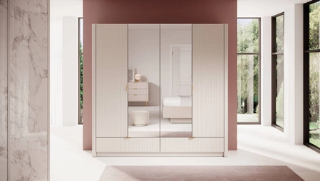 Spiegelschrank Lante 213 cm beige stilvoller Kleiderschrank mit Schubladen in modernem Design geriffelte Fronten originelle geschwungene Form