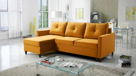 Ecksofa mit Schlaffunktion Terni gelb links Praktisches und funktionelles Ecksofa mit geräumigen Behältern für Bettzeug