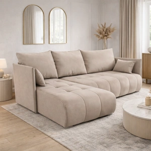 Ecksofa mit Schlaffunktion Selva hellbeige universal seite Ecksofa mit Bettzeugablage aus Stoff mit Plüschoberfläche