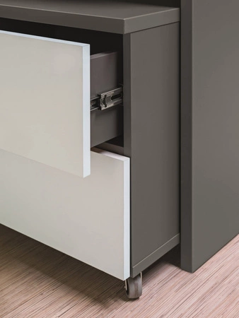 Schrank auf Rollen mit Schubladen Yugo Esche / weiß glänzend Funktionsmöbel für das Büro, Arbeitszimmer oder Jugendzimmer