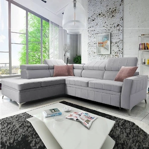 Ecksofa mit Schlaffunktion Rava III grau Esche links Samt komfortables Ecksofa mit verstellbaren Kopfstützen und einem Bettzeugbehälter