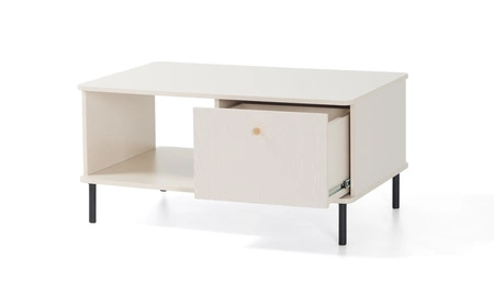 Couchtisch Ferdi beige sand leichtes Design stabiles Metallgestell geschwungene Form der Platte idealer Tisch für jedes Arrangement