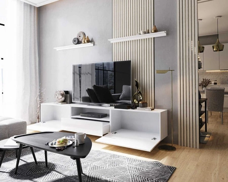 Ekali 258 cm weiß / weiß glänzend Wandschrank RTV mit Einlegeböden elegantes und stilvolles Design, das zu jeder Einrichtung passt