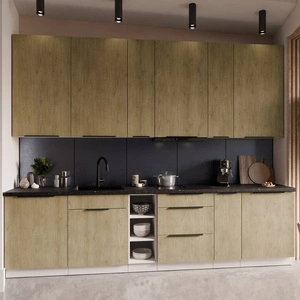 Küchenmöbel Set Cremona 300 cm elegante Küchenschränke mit Metallkantengriffen Schrank mit Ladekorb