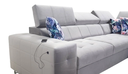 Ecksofa mit Schlaffunktion Hampton VII beige rechtsseitiges Ecksofa für Zimmer aus Samtstoff mit glatter Oberfläche