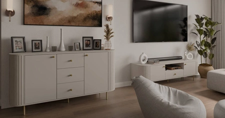 Kommode mit Schubladen Ovalio 165 cm beige moderne Form ovalförmige Kommode für das Wohnzimmer dekorative Fräsungen am Korpus