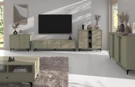 Schubladenkommode Kioto I 84 cm Eukalyptus modernes Design dezente schwarze Griffe Metallbasis ideale Kommode für Wohnzimmer