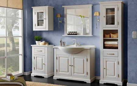 Badezimmer Schrank Romantic 45 cm weißer Holzbadezimmerschrank mit Schublade eleganter Stil Metallgriffe und dekorative Scharniere